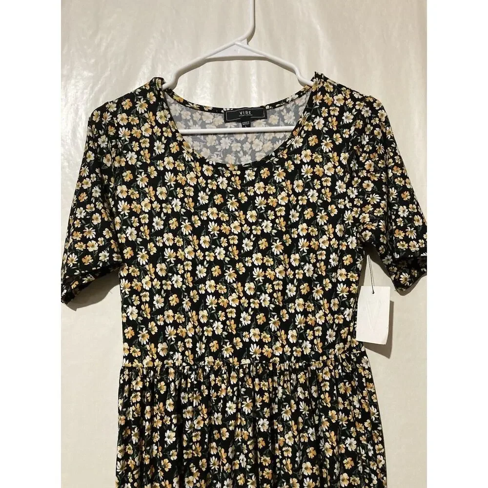 Vibe‎ Sportswear Yellow & Black Floral Soft Flowy Sun Dress Plus Size Large NEW